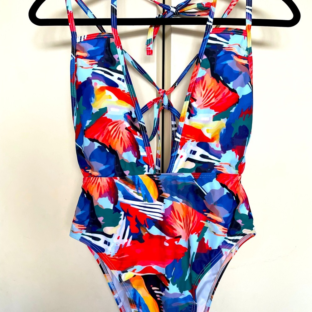Multicolor One Piece Plunge swim suit
